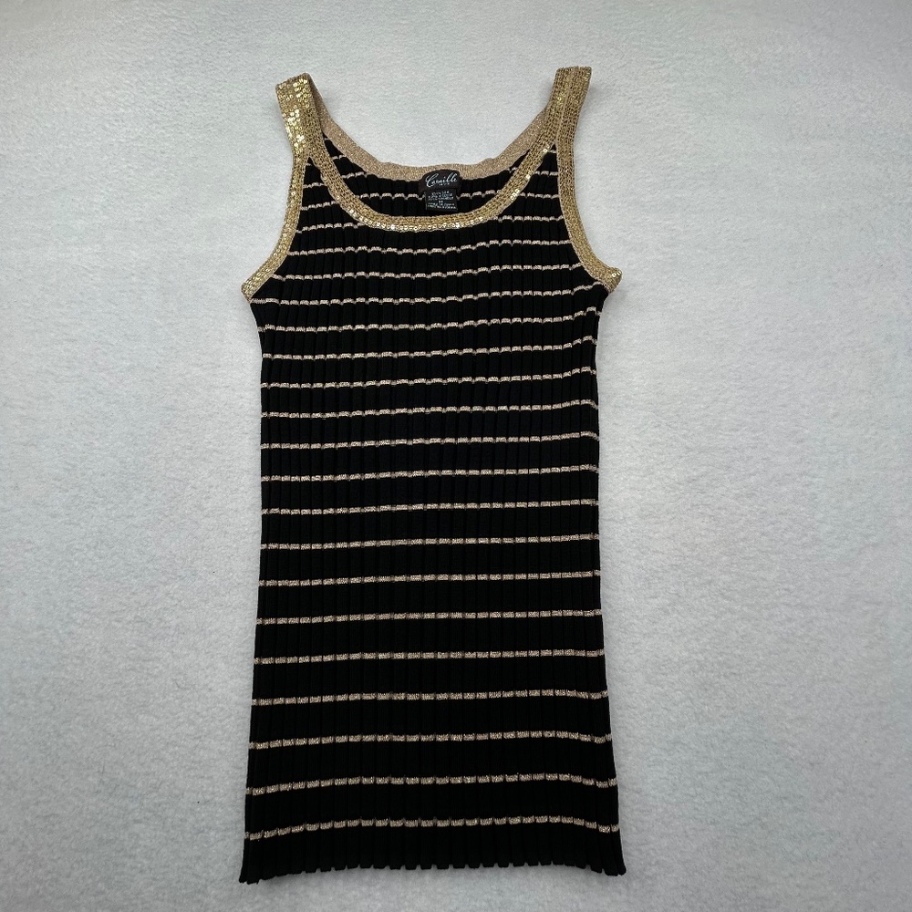 Camille la Vie Women Sequin-Trim Ribbed Tank Top size Medium Black Gold accents